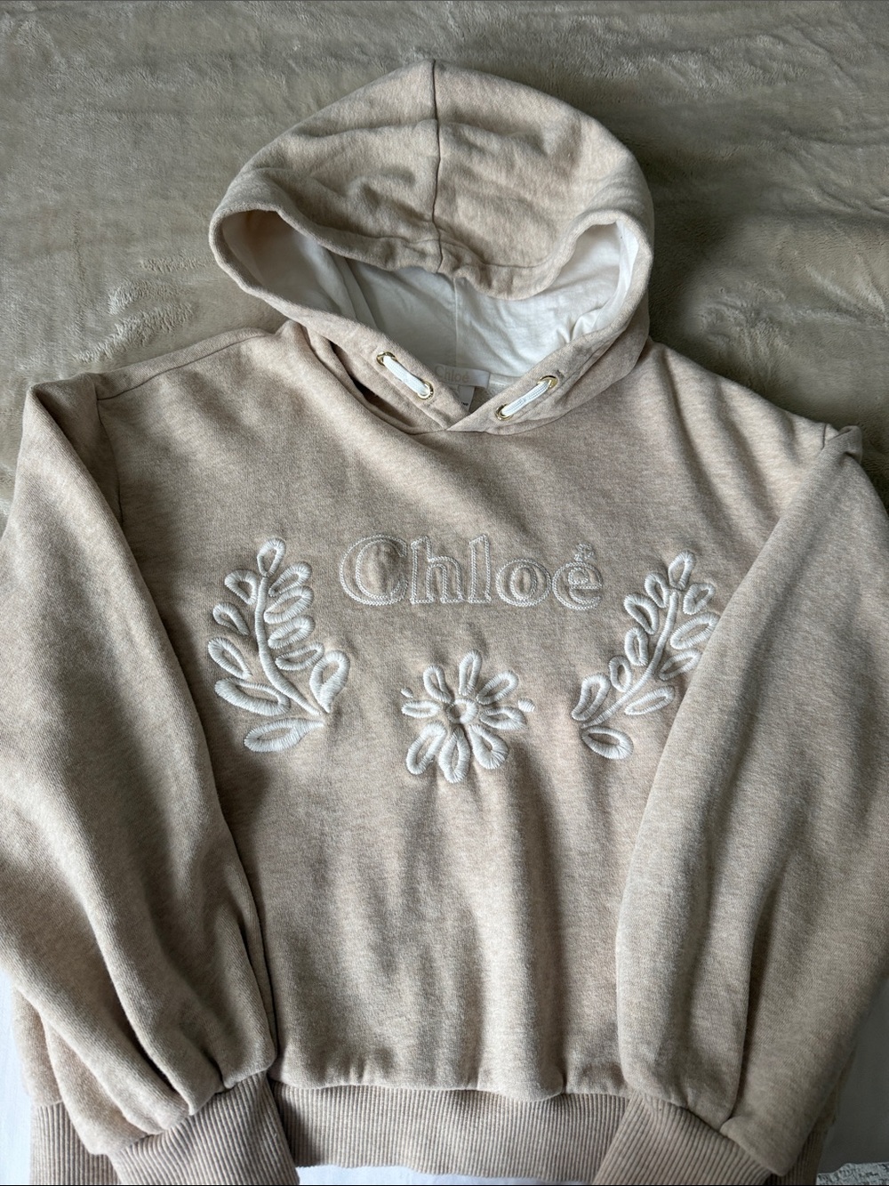 Chloé Cream Embroidered Hooded Sweatshirt with Floral Detail